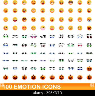 set di 100 icone emotive. Illustrazione a cartoni animati di 100 icone di emozione insieme di vettori isolati su sfondo bianco. set di 100 icone emotive, stile cartone animato Illustrazione Vettoriale