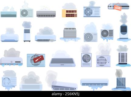 Riparare il set di icone del climatizzatore. Cartoni animati con icone vettoriali per la riparazione del condizionatore d'aria per il web design. Riparare il set di icone del condizionatore d'aria, in stile cartone animato Illustrazione Vettoriale