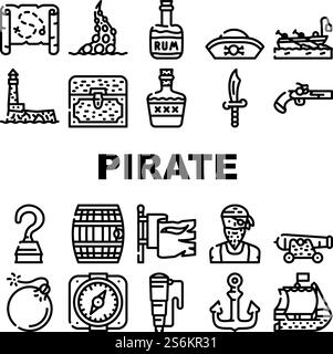 Le icone della raccolta di Sea Robber dei pirati Set Vector. Nave pirata galleggiante nell'oceano e bandiera, cappello e bussola, arma e sciabola, forziere del tesoro e bevande Barrel Black Contour Illustrations. Le icone della raccolta di Sea Robber dei pirati Set Vector Illustrazione Vettoriale