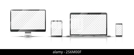 Mockup realistico dei dispositivi. Smartphone, monitor laptop e tablet con schermo trasparente. Illustrazione del vettore mobile isolato. Smartphone e laptop, tablet e telefono touchscreen. Mockup realistico dei dispositivi. Smartphone, monitor laptop e tablet con schermo trasparente. Illustrazione del vettore mobile isolato Illustrazione Vettoriale