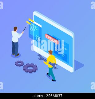 Sviluppatori web isometrici. Programmatori che lavorano con l'interfaccia e l'aggiornamento delle app mobili. illustrazione vettoriale di tablet 3d e dipendenti it. Interfaccia app di sviluppo, sviluppatore di applicazioni. Sviluppatori web isometrici. Programmatori che lavorano con l'interfaccia e l'aggiornamento delle app mobili. illustrazione vettoriale di tablet 3d e dipendenti it Illustrazione Vettoriale