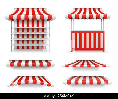 Bancarelle all'aperto. Il mercato è un modello di mercato, i fornitori isolati e realistici vuoti. Parasole, tende 3d o tetto per il banco della spesa. Illustrazione vettoriale del chiosco della fiera stradale. Stallo e stallo per vendere strada. Bancarelle all'aperto. Il mercato è un modello di mercato, i fornitori isolati e realistici vuoti. Parasole, tende 3d o tetto per il banco della spesa. Illustrazione vettoriale del chiosco della fiera stradale Illustrazione Vettoriale