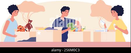 Volontari e scatole per donazioni. Le persone raccolgono carità, vestiti cibo giocattoli medicine per chi ne ha bisogno. Concetto vettoriale di supporto sociale. Donazione e beneficenza, l'assistente sociale raccoglie donazioni illustrative. Volontari e scatole per donazioni. Le persone raccolgono carità, vestiti cibo giocattoli medicine per chi ne ha bisogno. Concetto vettoriale di supporto sociale Illustrazione Vettoriale