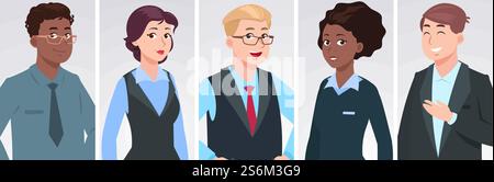 Ritratti di professionisti. Persone d'affari diverse, persone felici etnicamente miste. Personaggi dei responsabili d'ufficio, set vettoriale del team volto aziendale. Per gli uomini d'affari, ritratti professionali diversi. Ritratti di professionisti. Gruppo di persone diverse per affari, persone etnicamente miste felici. Personaggi dei responsabili d'ufficio, set vettoriale del team volto aziendale Illustrazione Vettoriale