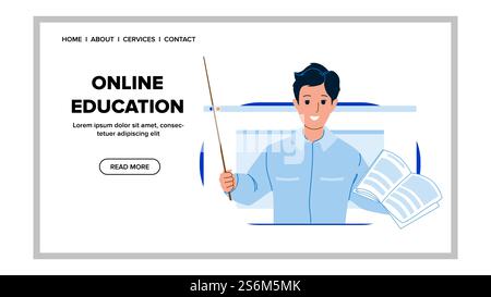 Lezione di formazione online Teaching Teacher Vector. Young Man che spiega il tema della lezione su computer display, scuola o università Remote Online Education. Illustrazione del fumetto piatto del nastro di caratteri. Lezione di formazione online Teaching Teacher Vector Illustrazione Vettoriale