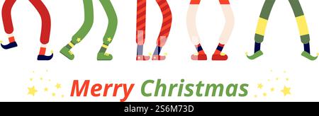Simpatici piedi di elfo. Gambe di leprechaun, elfi danzanti con le scarpe. Stivaletto nano diverso, divertente natale festivo celebrando il banner vettoriale. Cartoni animati leprechaun e piedi elfi, illustrazione natalizia. Simpatici piedi di elfo. Gambe di leprechaun, elfi danzanti con le scarpe. Stivaletto nano diverso, divertente natale festivo celebrando il banner vettoriale Illustrazione Vettoriale