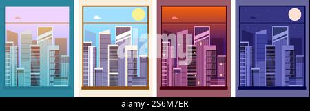 Visualizza dalla finestra. Città di notte di giorno, costruendo silhouette al crepuscolo all'esterno. Tempo per strada, mattina pomeriggio sera in centro. Vista dello skyline dell'orizzonte della città, del crepuscolo e dell'illustrazione del giorno. Visualizza dalla finestra. Città di notte di giorno, costruendo silhouette al crepuscolo all'esterno. Tempo per strada, mattina pomeriggio sera in centro Illustrazione Vettoriale