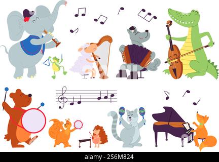 Animali con strumenti. Personaggi di musica selvaggia, pecore suonano in orchestra. Piccoli musicisti di cartoni animati, concerto nello zoo illustrazioni vettoriali decenti. Orchestra di animali, tromba e maracas. Animali con strumenti. Personaggi di musica selvaggia, pecore suonano in orchestra. Piccoli musicisti di cartoni animati, concerto nello zoo illustrazioni vettoriali decenti Illustrazione Vettoriale