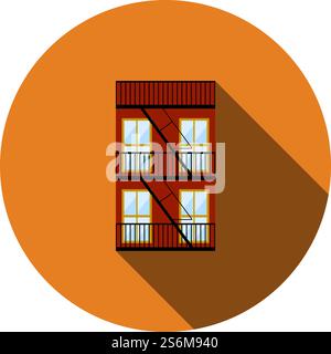 Icona scala antincendio di emergenza. Design stencil a cerchio piatto con ombreggiatura lunga. Illustrazione vettoriale. Illustrazione Vettoriale