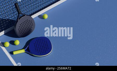Attrezzatura per una partita di paddle tennis su un campo blu con palle e racchette. rendering 3d. Foto Stock