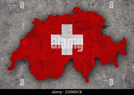 Mappa e bandiera della Svizzera su cemento intemperie Foto Stock