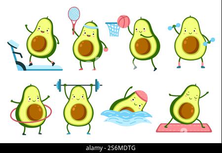 Fitness all'avocado. Palestra di cibo cartoni animati, frutta sana personaggi fitness. Divertente allenamento sportivo, nuoto, allenamento yoga, set vettoriale esatto. Illustrazione avocado in palestra, cartoni animati esercizio vegetale. Fitness all'avocado. Palestra di cibo cartoni animati, frutta sana personaggi fitness. Divertente allenamento sportivo, nuoto, allenamento yoga, set vettoriale esatto Illustrazione Vettoriale