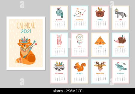 Carino calendario animali 2021. Animali per bambini, manifesti della fauna selvatica tribale della foresta. Programma mensile: Volpe artica, cervo, procione, illustrazione vettoriale. Calendario con il carattere della tribù, procione e uccello. Carino calendario animali 2021. Animali per bambini, manifesti della fauna selvatica tribale della foresta. Programma mensile: Volpe artica, cervo, procione, illustrazione vettoriale Illustrazione Vettoriale