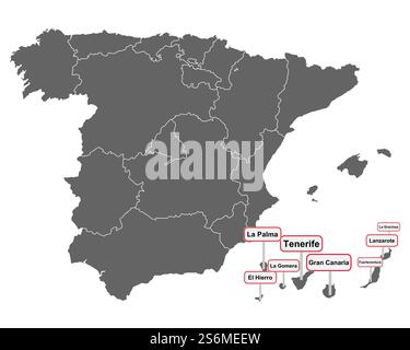 Mappa della Spagna con le isole Canarie e le indicazioni per il nome del luogo Foto Stock