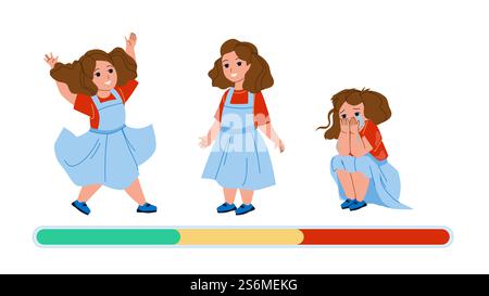 Girl Kid Mood ridendo, sorridendo e infelice Vector. Small Girl Kid Mood Jump and Smile, seduta sul pavimento e offeso piangere. Illustrazione del fumetto piatto di espressione negativa e positiva figlio di carattere. Girl Kid Mood ridendo, sorridendo e infelice Vector Illustrazione Vettoriale
