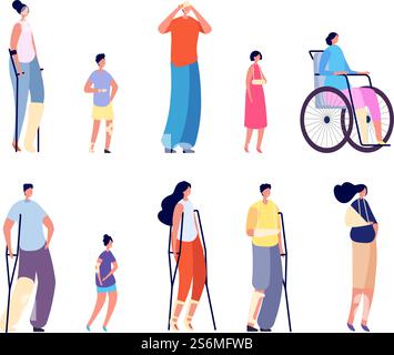 Caratteri di lesione. Pazienti ospedalieri, trauma gambe mani testa o ossa rotte. Recupero di una giovane donna, persone isolate con il vettore della stampella. Illustrazione riabilitazione e recupero. Caratteri di lesione. Pazienti ospedalieri, trauma gambe mani testa o ossa rotte. Recupero di una giovane donna, persone isolate con il vettore della stampella Illustrazione Vettoriale