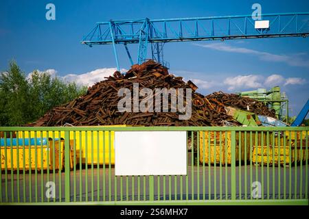 Estremità di un deposito di rottami con container e gru Foto Stock