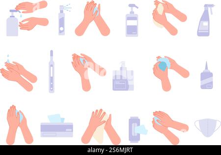 Icone PPE. Dispositivi di protezione individuale, maschera di sicurezza. Disinfezione delle mani, spray per l'igiene medica piatta salviette vettoriali. Maschera di sicurezza medica, dpi monouso contro coronavirus illustrazione. Icone PPE. Dispositivi di protezione individuale, maschera di sicurezza. Processo di disinfezione delle mani, spray sanitario piatto salviette per sapone set vettoriale dell'unità Illustrazione Vettoriale