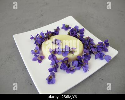 Sapone fatto in casa con fragranze viola e viola Foto Stock