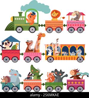 Gli animali carini si allenano. Divertente zoo per bambini, treni con carino leone tigre giraffa cartoni animati. Personaggi di compleanno dei bambini, divertente concetto di vettore di viaggio. Locomotiva del treno con animale sull'illustrazione della ferrovia. Gli animali carini si allenano. Divertente zoo per bambini, treni con carino leone tigre giraffa cartoni animati. Personaggi di compleanno dei bambini, divertente concetto di vettore di viaggio Illustrazione Vettoriale