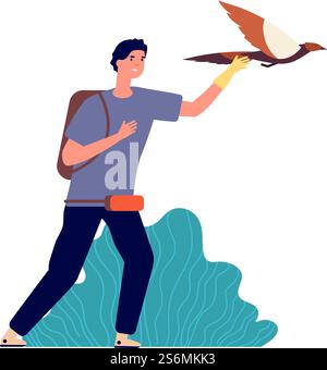 Ragazzo e falco. Proprietario maschio di uccelli, animale domestico selvatico. L'uomo rilascia l'aquila in volo, illustrazione vettoriale isolata dell'ornitologo. Falco di uccello, aquila da cacciatore tradizionale. Ragazzo e falco. Proprietario maschio di uccelli, animale domestico selvatico. L'uomo rilascia l'aquila in volo, illustrazione vettoriale isolata dell'ornitologo Illustrazione Vettoriale