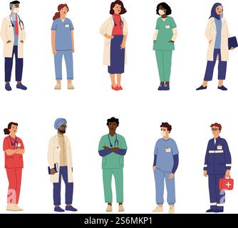 Caratteri medico-infermiere. Operatori sanitari, persone ospedaliere isolate. Chirurgo paramedico maschile, gruppo vettoriale di squadra di assistenza sanitaria. Illustrazione medico professionale personale ospedaliero. Caratteri medico-infermiere. Operatori sanitari, persone ospedaliere isolate. Chirurgo paramedico maschile, gruppo vettoriale di squadra di assistenza sanitaria Illustrazione Vettoriale