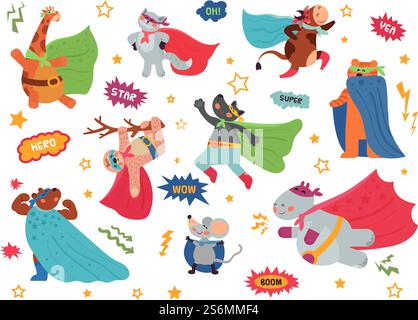 Supereroe animale. Animaletti bambini, costume da eroe sulla giraffa gatto. Coraggioso lupo orso selvatico, personaggio selvaggio in superman cape Decent Vector Set. Mascotte animale in mantello, bradipo e illustrazione del topo. Supereroe animale. Animaletti bambini, costume da eroe sulla giraffa gatto. Coraggioso lupo orso selvatico, personaggio selvaggio in superman cape Decent Vector Set Illustrazione Vettoriale