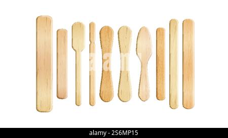 Bastoncino in legno in diverse forme Set Vector. Forma di bastoncini in legno per gelato, manico per tenere e mangiare deliziosi dessert freddi. Modelli di accessori per alimenti illustrazioni 3d realistiche. Bastoncino in legno in diverse forme Set Vector Illustrazione Vettoriale