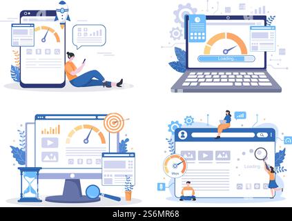 Ottimizzazione della velocità di caricamento dei siti Web con Server, programmazione Web, sviluppo di app mobili e Page Software. Illustrazione del vettore di sfondo Illustrazione Vettoriale