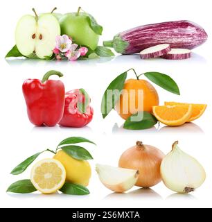 Frutta e verdura frutta mela arancia mele arance peperoni collage di limone raccolto coltivato isolato su sfondo bianco Foto Stock
