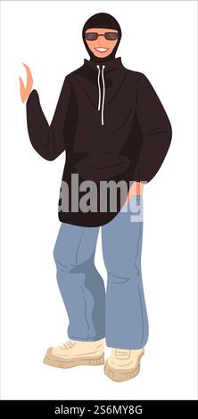 Personaggio femminile che indossa abiti hip hop, donna musulmana isolata in abiti hipster. Personalità elegante e alla moda che indossa camicia e pantaloni oversize. Vettore di moda islamica in stile piatto. Donna musulmana vestita in stile hip hop vettoriale Illustrazione Vettoriale