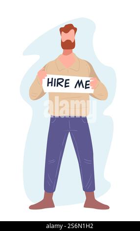 Un uomo che cerca lavoro, un uomo disoccupato che mostra un tavolo mi assume. Candidato per lavoro in cerca di posti vacanti nelle aziende. Persona licenziata o licenziata, vettore di problemi di disoccupazione in stile piatto. Un uomo senza lavoro con un cartello mi assume alla ricerca di un lavoro Illustrazione Vettoriale