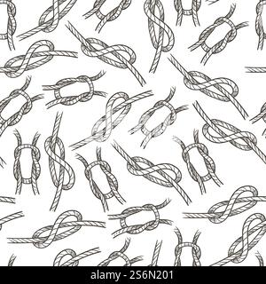 Corde nodi e anelli legati a spesse corde senza cuciture. Tema navale e marino, equipaggiamento nautico per la navigazione a vela. Filo lazo o nodi filettati resistenti. Contorno di schizzo monocromatico, vettoriale in stile piatto. Cordage per la navigazione a vela, nodi e anelli di corde Illustrazione Vettoriale