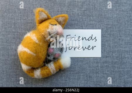 Carta con gatto e topo e testo inglese: Amici per sempre Foto Stock