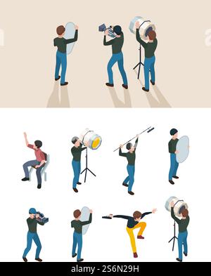 Produzione cinematografica isometrica. Personale tecnico che lavora su studi video direttore operatore attori fotografi gruppo di produzione vettoriale. Personale di produzione di illustrazioni, operatore di ripresa. Produzione cinematografica isometrica. Personale tecnico che lavora su studi video direttore operatore attori fotografi gruppo di produzione vettoriale Illustrazione Vettoriale