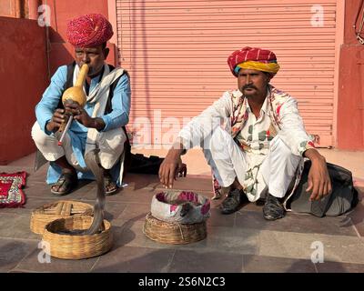 Incantatore di serpenti a Jaipur Foto Stock