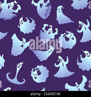 Schema fantasma. Spaventoso poltergeist o piccoli fantasmi illustrazioni di halloween per progetti di design tessile sfondo vettoriale senza cuciture. Spaventoso ghoul, spaventoso schema poltergeist. Schema fantasma. Spaventoso poltergeist o piccoli fantasmi illustrazioni di halloween per progetti di design tessile sfondo vettoriale senza cuciture Illustrazione Vettoriale