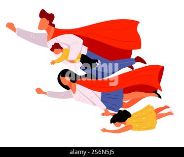Famiglia super eroica, bambini e genitori che indossano mantelle e costumi. Abbigliamento di Carnevale o halloween, persone vestite per giocare d'azione. Fine settimana o passatempo divertente di madre, padre, figli, vettoriale in appartamento. Famiglia di supereroi, genitori e bambini vettoriali Illustrazione Vettoriale