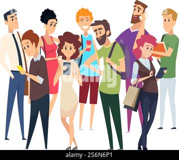 Gente diversa. Uomo isolato donna con gadget e libro. Felice confuso caratteri vettoriali scontenti. Persone comunità di gruppo sociale con gadget e libri illustation. Gente diversa. Uomo isolato donna con gadget e libro. Felice confuso caratteri vettoriali scontenti Illustrazione Vettoriale