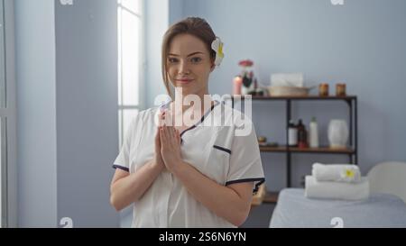 Giovane donna in un centro termale in piedi in una sala benessere, sorridente e indossa un'uniforme bianca con un fiore nei capelli Foto Stock