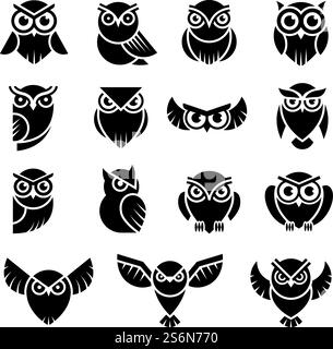 Logo uccello. Simboli della conoscenza del gufo selvatico illustrazione grafica moderna stilizzata vettoriale. Logo Identity Predator, silhouette Wild owl. Logo uccello. Simboli della conoscenza del gufo selvaggio illustrazioni grafiche moderne stilizzate vettoriali Illustrazione Vettoriale