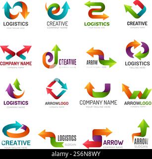 Logotipo frecce. Web digitale simboli stilizzati direzione frecce astratte per identità aziendale forme geometriche vettoriali. Grafico con il logo trend pointer, logotipo stilizzato per il Web alla moda. Logotipo frecce. Web digitale simboli stilizzati direzione frecce astratte per identità aziendale forme geometriche vettoriali Illustrazione Vettoriale