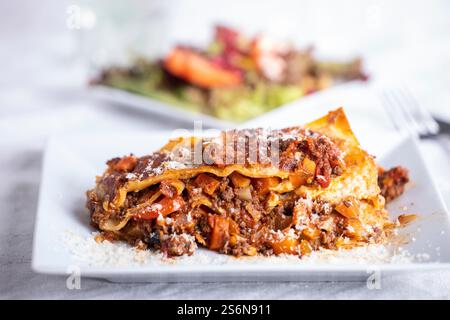 Porzione di lasagna su un piatto bianco Foto Stock