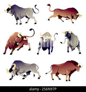 Vista anteriore, posteriore e profilo di animali selvatici aggressivi. Corrida isolati, bue arrabbiato o bufalo. Fauna selvatica pericolosa, mascotte di potere e aggressione. Carattere o bestiame, vettore in stile piatto. Tori o bufali, animali selvatici aggressivi, bue corrida Illustrazione Vettoriale