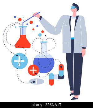 Scienziato che lavora alla ricerca in laboratorio, ha isolato il carattere maschile con tubi e sostanze che si occupano di esperimenti. Medico o operatore farmaceutico con becher e vettore dell'apparecchiatura in piano. Chimico in laboratorio che effettua esperimenti con sostanze e liquidi Illustrazione Vettoriale