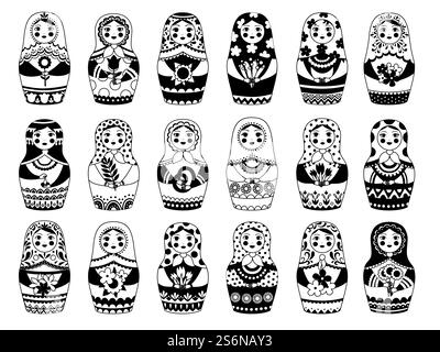 Collezione di bambole russe. Monocromatico giocattolo femminile tradizionale decorazione floreale donna mosca autentici volti russi set vettoriale. Tradizionale illustrazione in matreshka femminile fatta a mano. Collezione di bambole russe. Monocromatico giocattolo femminile tradizionale decorazione floreale donna mosca autentici volti russi set vettoriale Illustrazione Vettoriale