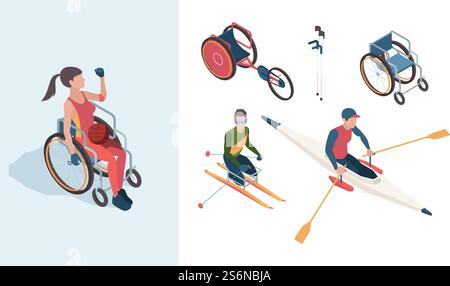 Personaggi paralimpici. Sportivi disabili atleti maschi e femmine nei giochi olimpici estivi persone isometriche vettoriali. Personaggio in sedia a rotelle con illustrazione a sfera. Personaggi paralimpici. Sportivi disabili atleti maschi e femmine nei giochi olimpici estivi persone isometriche vettoriali Illustrazione Vettoriale