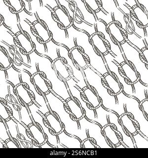 Nodi e anelli legati di corda motivo senza cuciture di tema nautico e marino. Cordaggio e attrezzature per i marinai. Cavi intrecciati e nodi spessi in fila. Contorno di schizzo monocromatico, vettoriale in stile piatto. Loop e nodi legati a cavi o corde senza cuciture Illustrazione Vettoriale