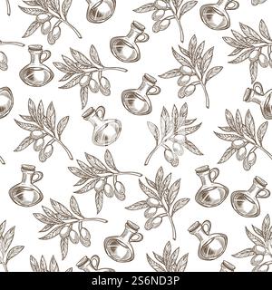 Olive su rami con fogliame, liquido grasso in contenitori motivo senza cuciture. Essenza per la preparazione e la cottura degli alimenti, la cura e il trattamento della pelle. Contorno di schizzo monocromatico, vettoriale in stile piatto. Olio d'oliva versato in contenitore, rami di piante senza cuciture Illustrazione Vettoriale