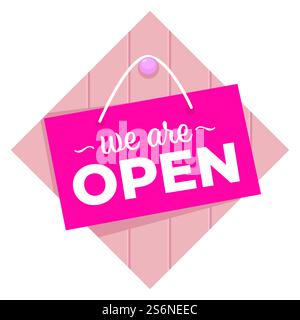 Banner per negozi o negozi con cartello di apertura, icona isolata del tag con iscrizione. Presentazione di un nuovo mercato o di una nuova attività. Offerte e sconti per clienti e clienti, vettore di marketing in piano. Siamo aperti, fai shopping o insegna del negozio Illustrazione Vettoriale